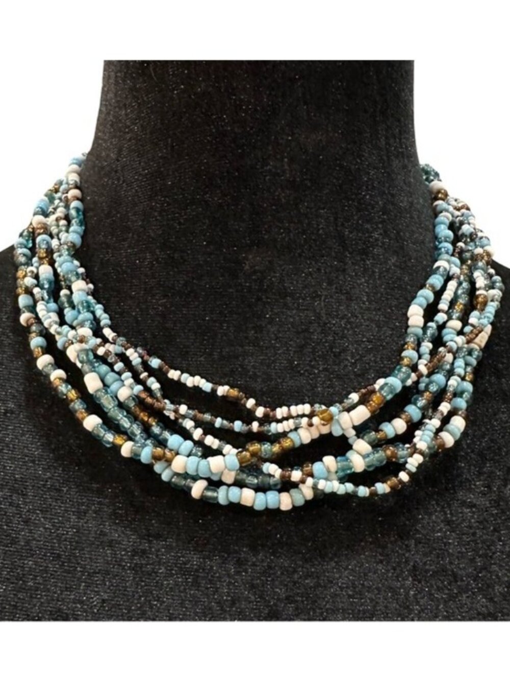 Multistrand Beaded Necklace With Blue & White Beads